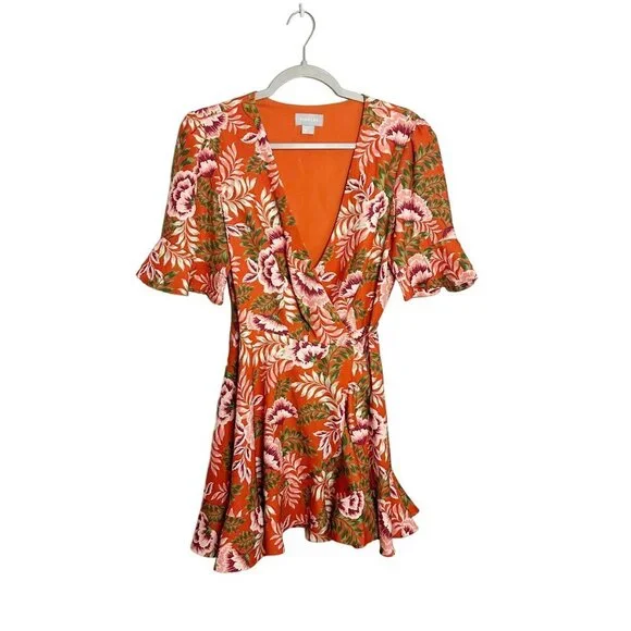 Finders Keepers Songbird Wrap Dress Orange Floral Print Size Medium - Picture 2 of 6